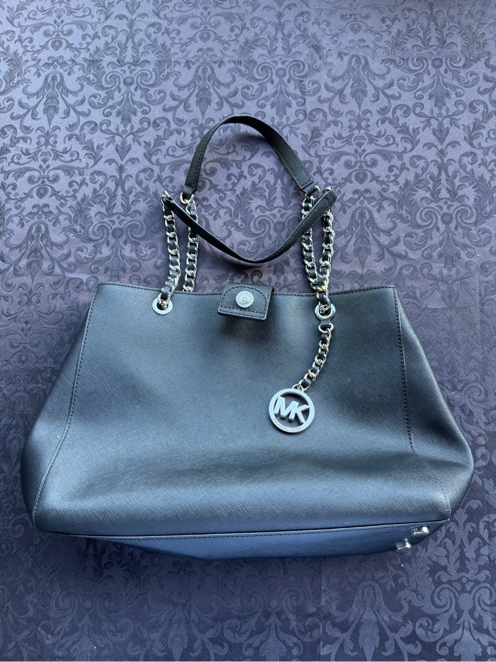 MICHAEL KORS Black Saffiano Leather Chain Tote Bag Silver MK Charm